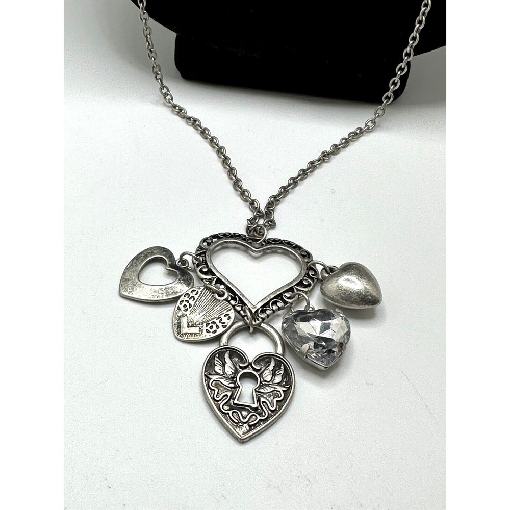 Long Silver T. Necklace with Pewter Heart Pendant + 5 Pewter Heart Charms 36"